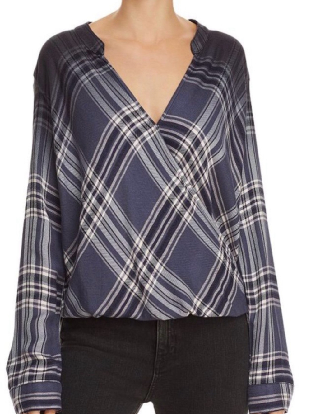 Splendid Hyperion Dip-Dye Plaid Surplice Top Blue Long Sleeve Blouse Medium